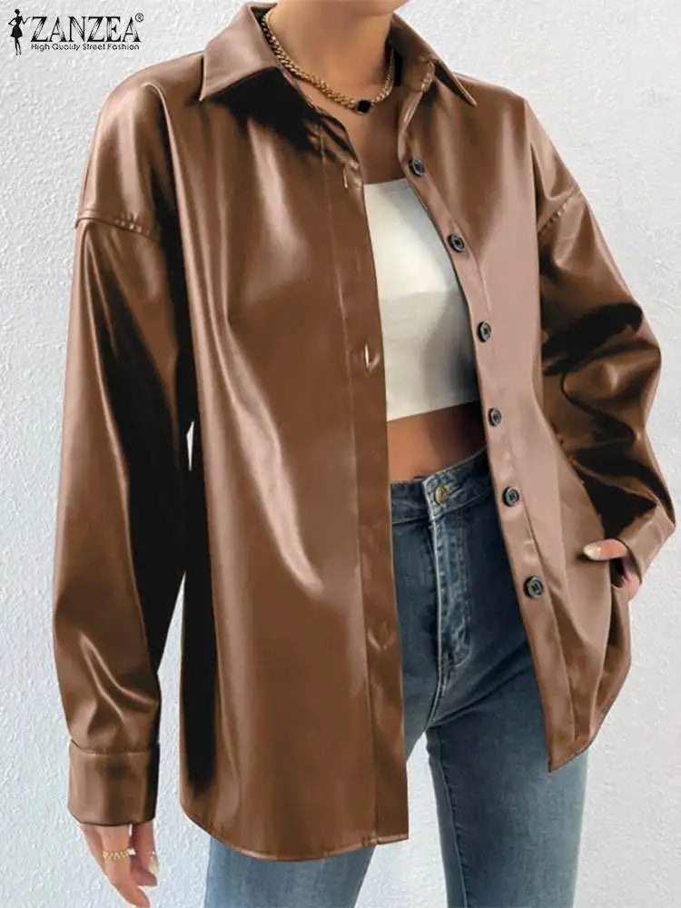 2023 Autumn Lapel Collar Coats ZANZEA Women Bomber Jackets Streetwear PU Leather Long Sleeve Blazer Oversized Buttons Outerwears