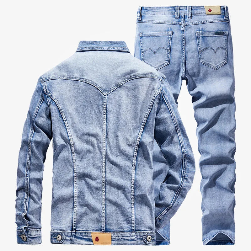 Denim Suit Men's Slim Micro-Stretch Two-piece Spring and Autumn Jacket Jeans Suit