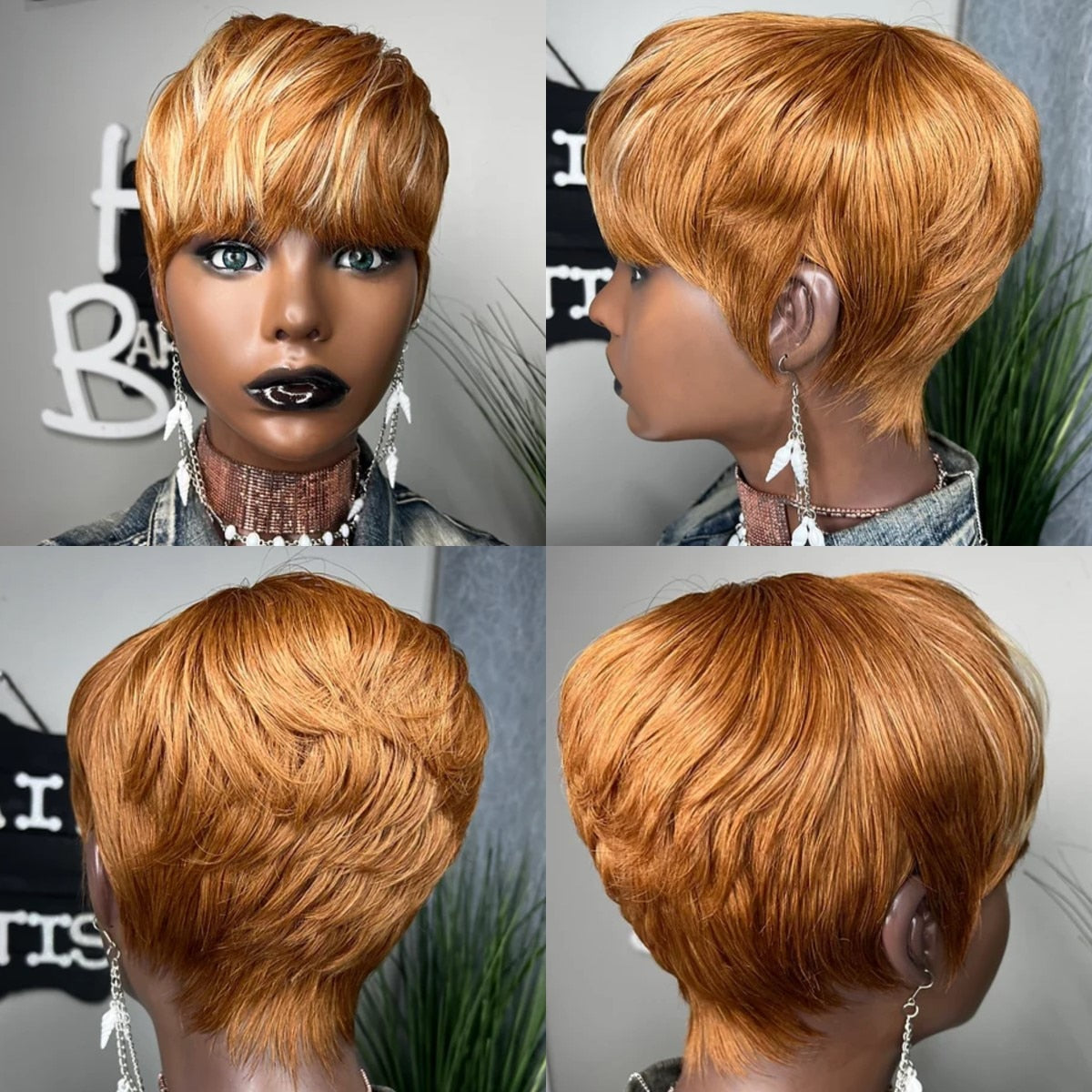 WIGERA  Highlight Synthetic Wigs Short Straight  Pixie Cut Hair Bob Wig Honey Gold Mix Black  Hair For Woman