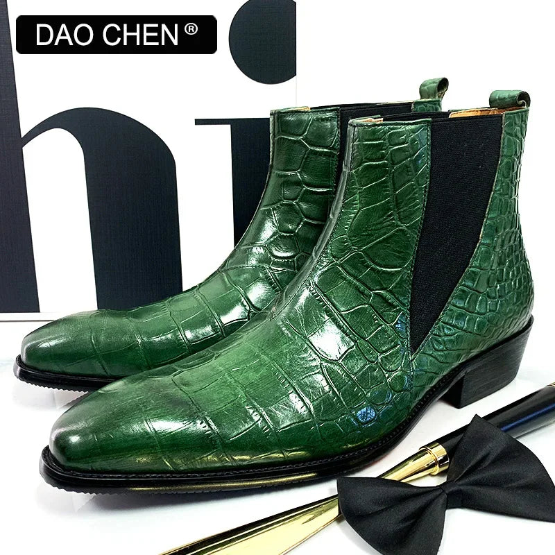 LUXURY BRAND MEN'S BOOTS GREEN BLACK CROCODILE PRINT ANKLE BOOTS CASUAL DRESS MEN SHOES OFFICE WEDDING LEATHER BOOTS MEN