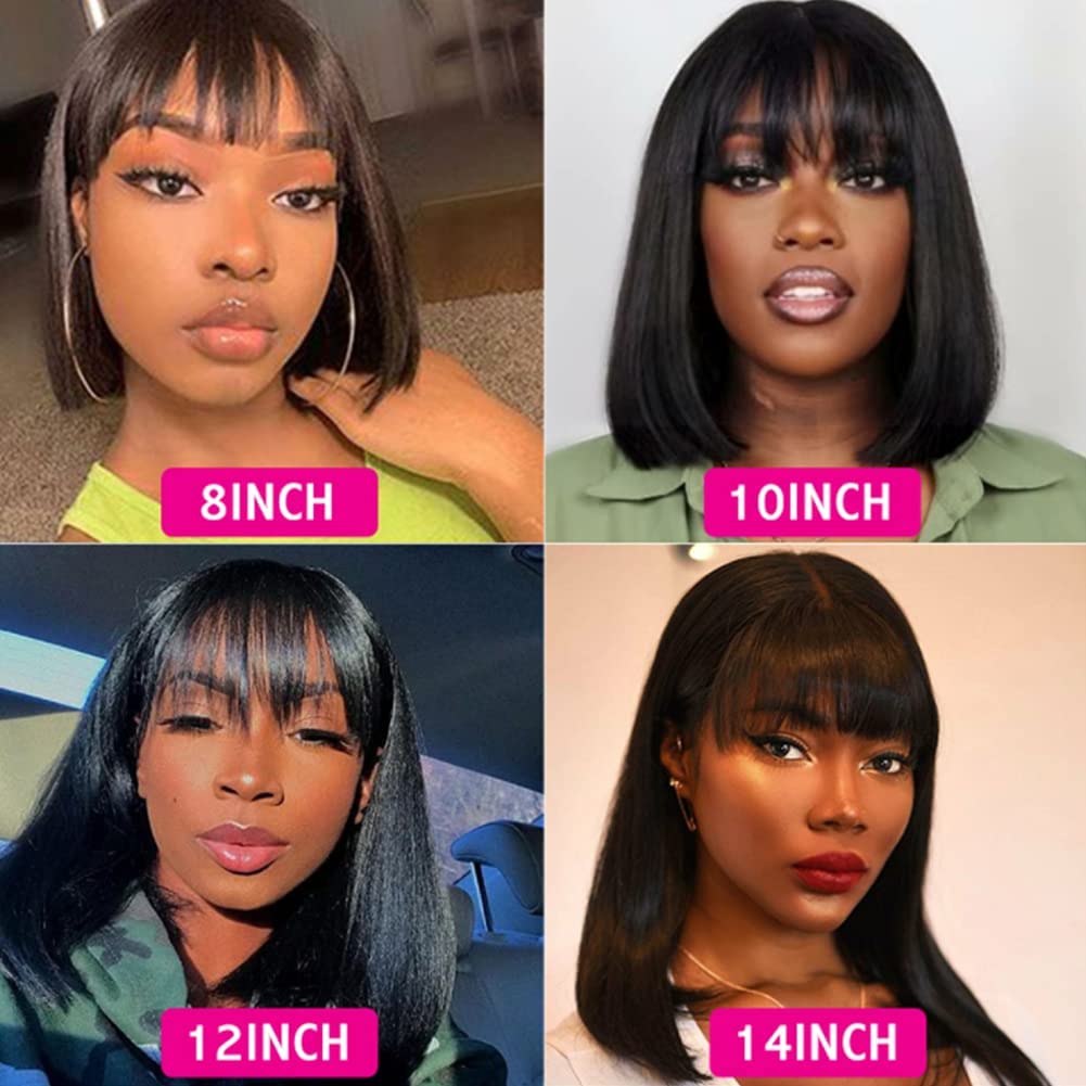 Straight Bob Human Hair Wigs With Bang Full Machine Made Wigs Brazilian Remy Human Hair Bob Wigs For Black Woman 10 12 inch