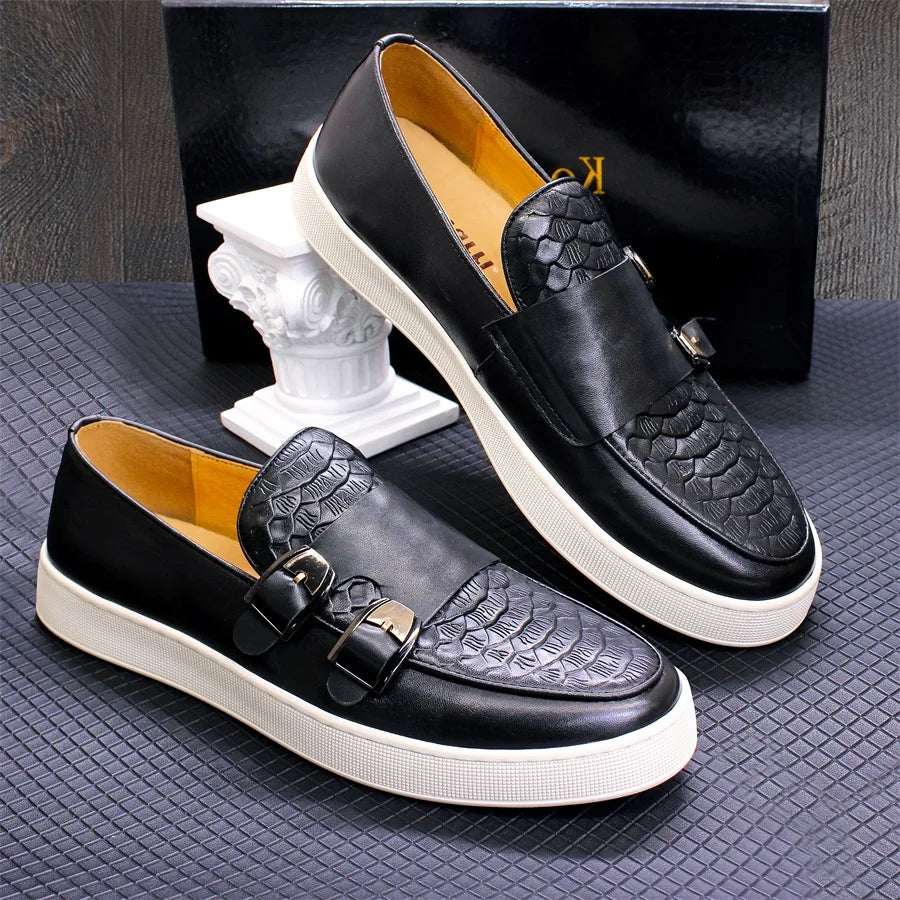 Men's Casual Leather Shoes Genuine Leather Handmade Metal Buckle Men Shoes Lace Up Non-Slip Flat Shoes Banquet Party Men's Shoes