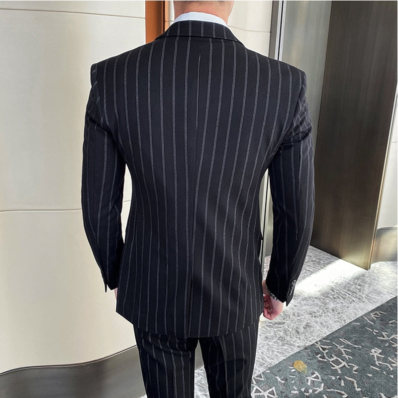 Boutique (Blazer + Vest + Trousers) Men's Fashion Business Stripes Elegant Slim Gentleman Wedding Casual Formal Suit 3piece Suit