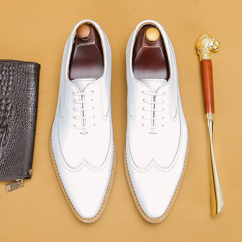 Luxury Men Oxford Shoes Lace Up Pointed Toe White Men Dress Shoes Genuine Leather Real Leather Brogue Shoes For Men