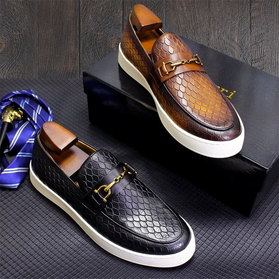 Genuine Leather Men's Shoes Handmade Metal Buckle Snake Leather Shoes Non-slip Flat Loafers Banquet Party Wedding Men's Shoes