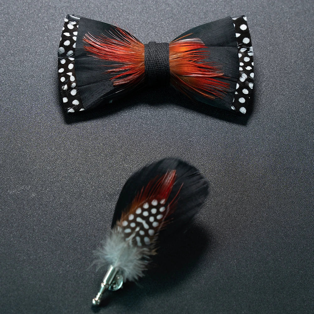 New Luxury Wedding Bow Tie for Men Classic Black Pre-tied Bowtie brooch Set Party feather Butterfly Knot Gift Man Accessories