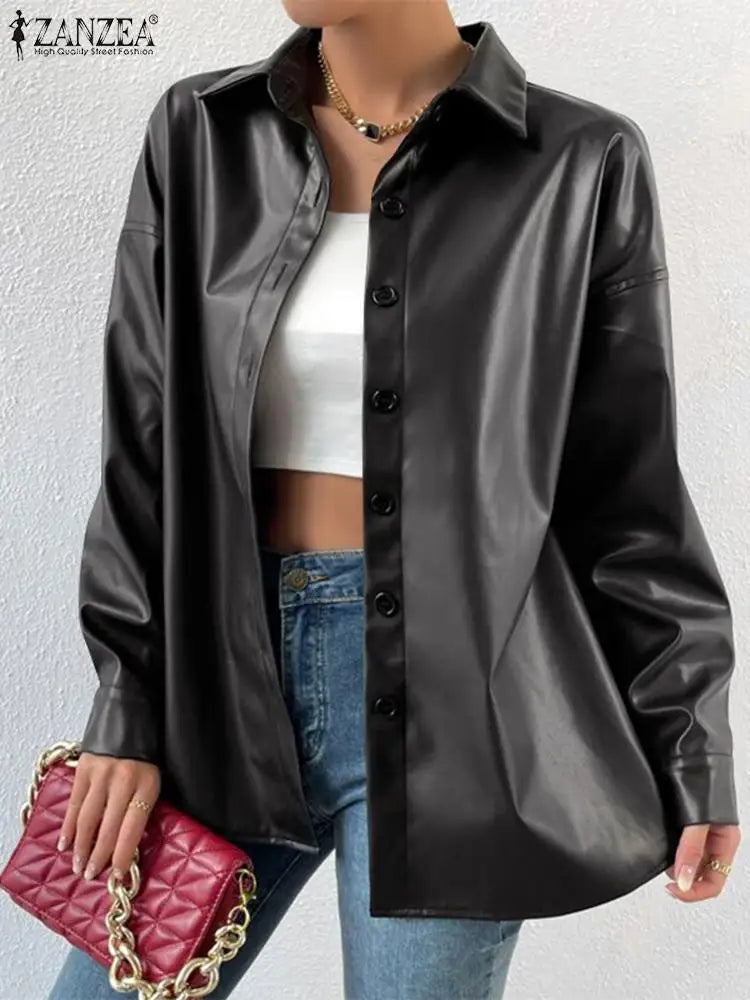 2023 Autumn Lapel Collar Coats ZANZEA Women Bomber Jackets Streetwear PU Leather Long Sleeve Blazer Oversized Buttons Outerwears