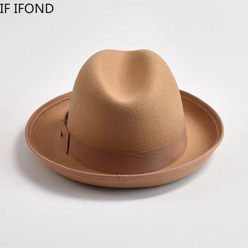 New British Style Wool Felt Fedora Hats for Men Roll Up Brim Homburg Gentleman Church Jazz Hat Party Dress Cap