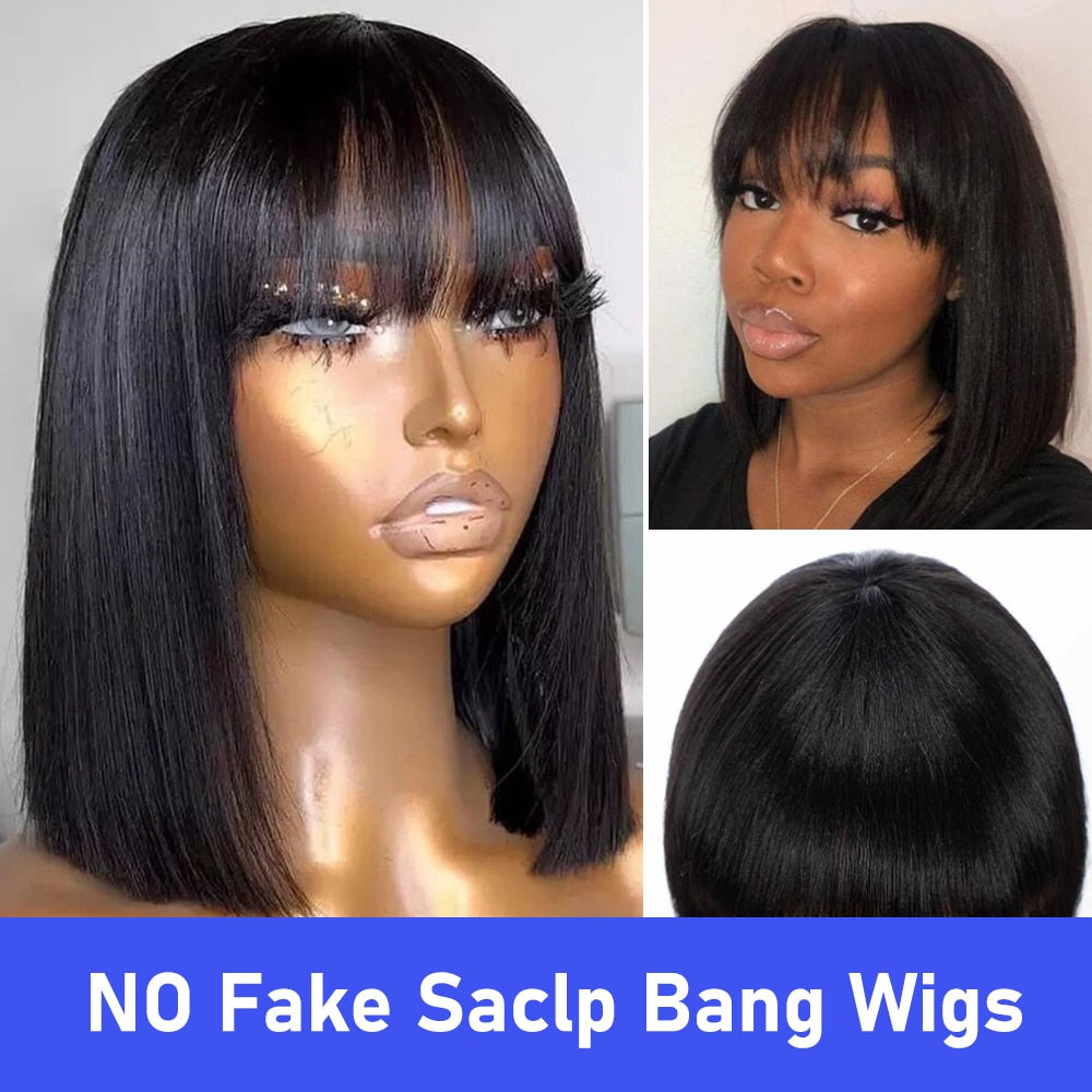 Straight Bob Human Hair Wigs With Bang Full Machine Made Wigs Brazilian Remy Human Hair Bob Wigs For Black Woman 10 12 inch