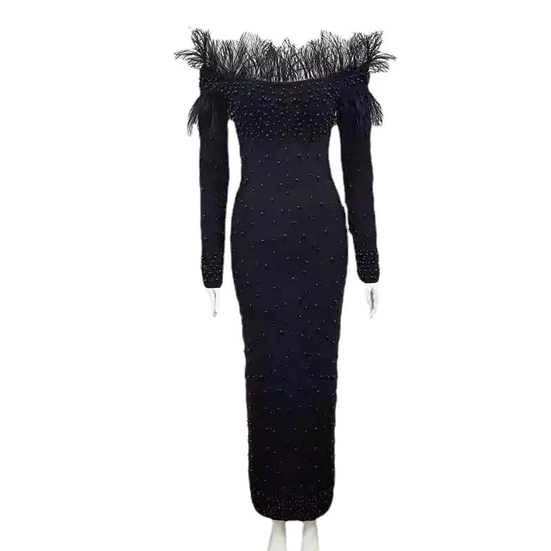 Plus Size Evening Dress Women 2022 New Spring Autumn Elegant Slim Feather Neckline Beaded Skirt Fashion Long Party Female Dress