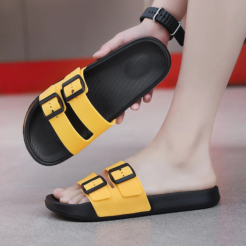 Leather Suede Sole Men Cork Slippers Summer Casual Double Buckle Non-slip Clogs Slides Women Slip on Flip Flop Men Shoes Unisex