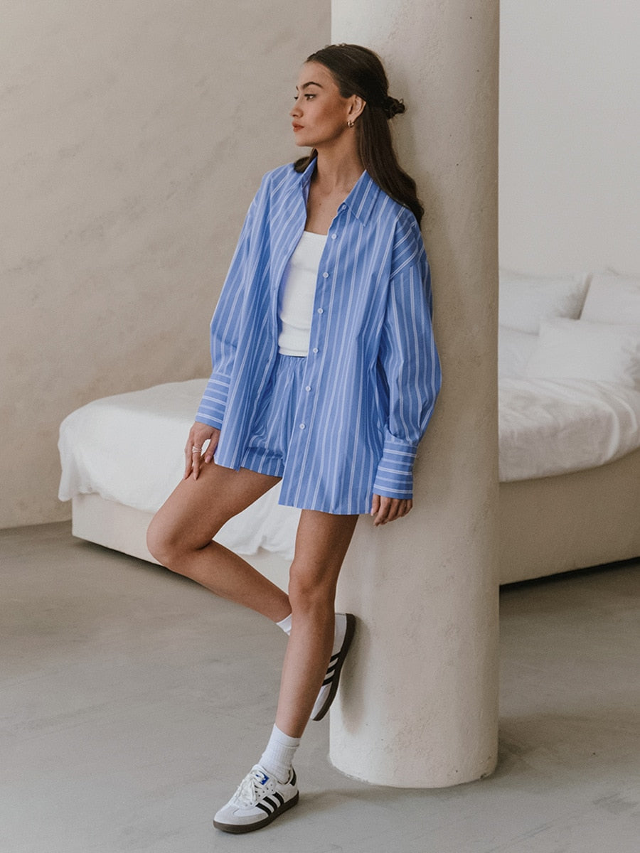 Cotton Striped Blue Shirts Shorts 2 Piece Sets Women Outfit Casual Long Sleeve Button Blouse Zipper Shorts Sets Suit Fashion