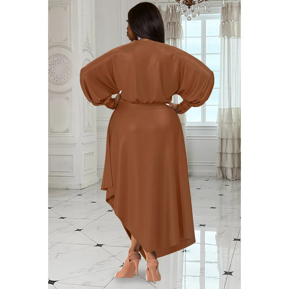 Plus Size Daily Dress Brown V Neck Long Sleeve Irregular Satin Maxi Dress