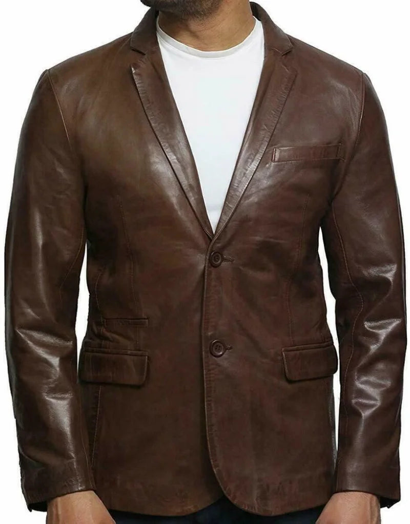 Men's Genuine Lambskin Pure Leather Blazer Brown Jacket Two Button Classic Coat