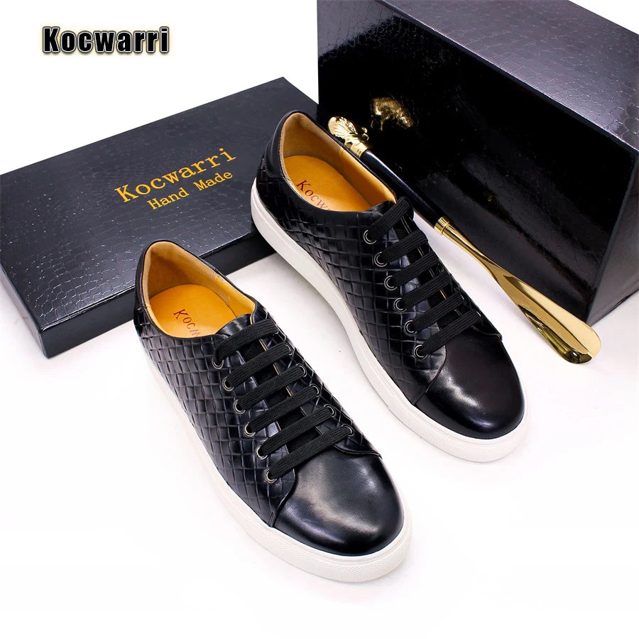 Men's Genuine Leather Shoes Comfortable Casual Fish Pattern Flat Shoes Lace Up Dating Office Fashion Banquet Men's Shoes