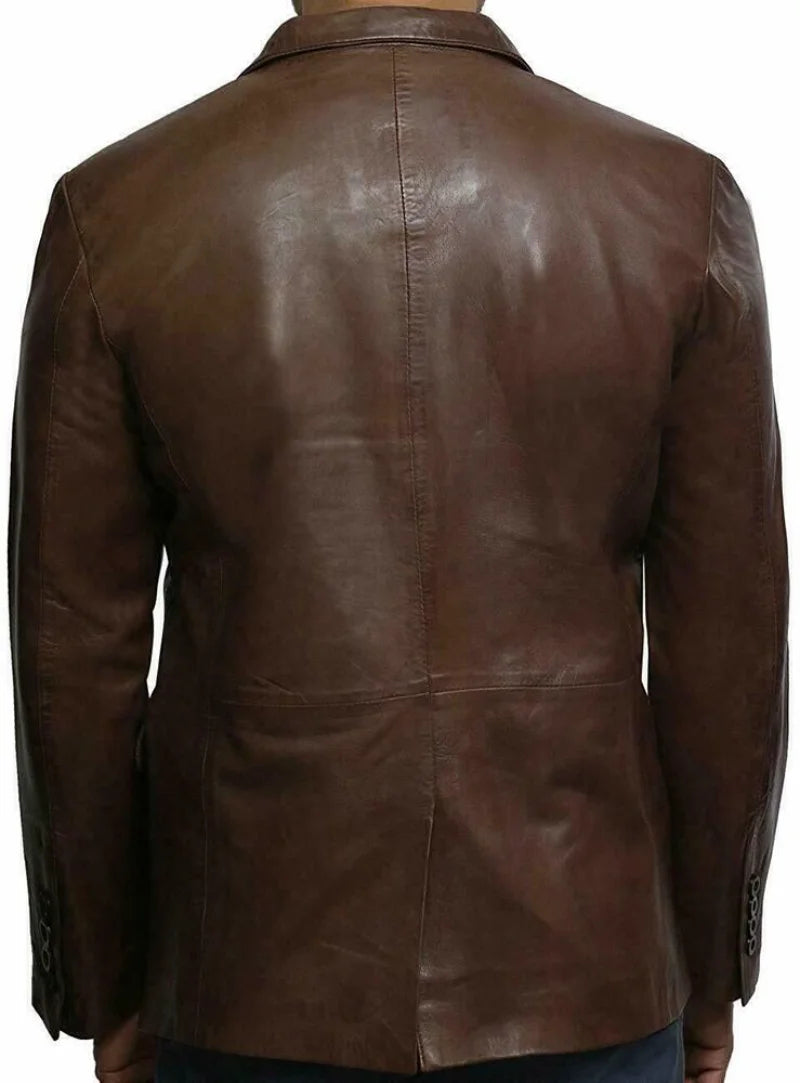 Men's Genuine Lambskin Pure Leather Blazer Brown Jacket Two Button Classic Coat