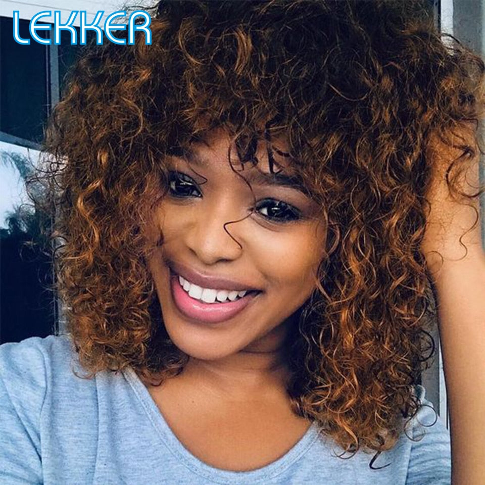 Lekker Colored Short Afro Kinky Curly Bob Human Hair Bangs Wig For Women Brazilian Remy Hair Ombre Brown Loose Deep Wavy Wigs