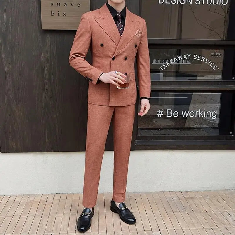 (Jackets+Pants+Vest) High-quality Men's Double Breasted Elegant Fashion Suits 3 Pcs 2024 New Casual Wedding Social Suit Tuxedo