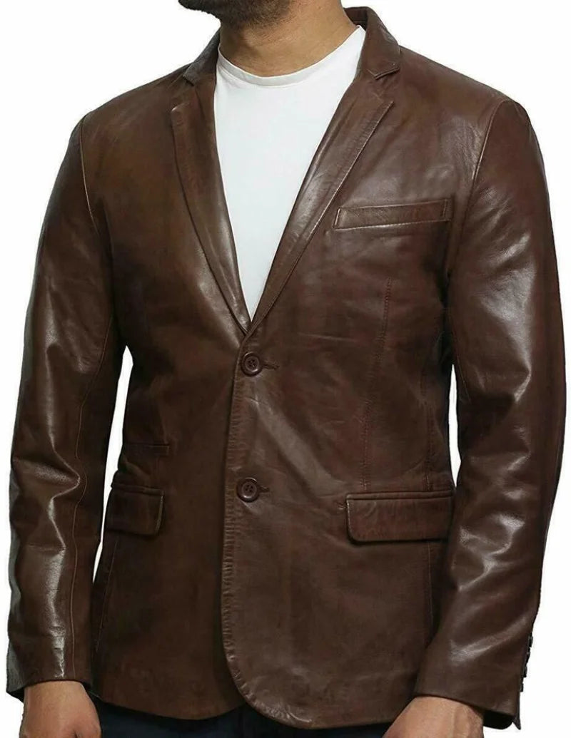 Men's Genuine Lambskin Pure Leather Blazer Brown Jacket Two Button Classic Coat