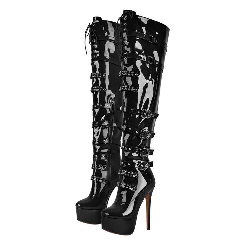 Onlymaker Women Platform Over The Knee Thin High Boots Black Patent Leather Side Zipper Sexy Handmade Stiletto Female Boots