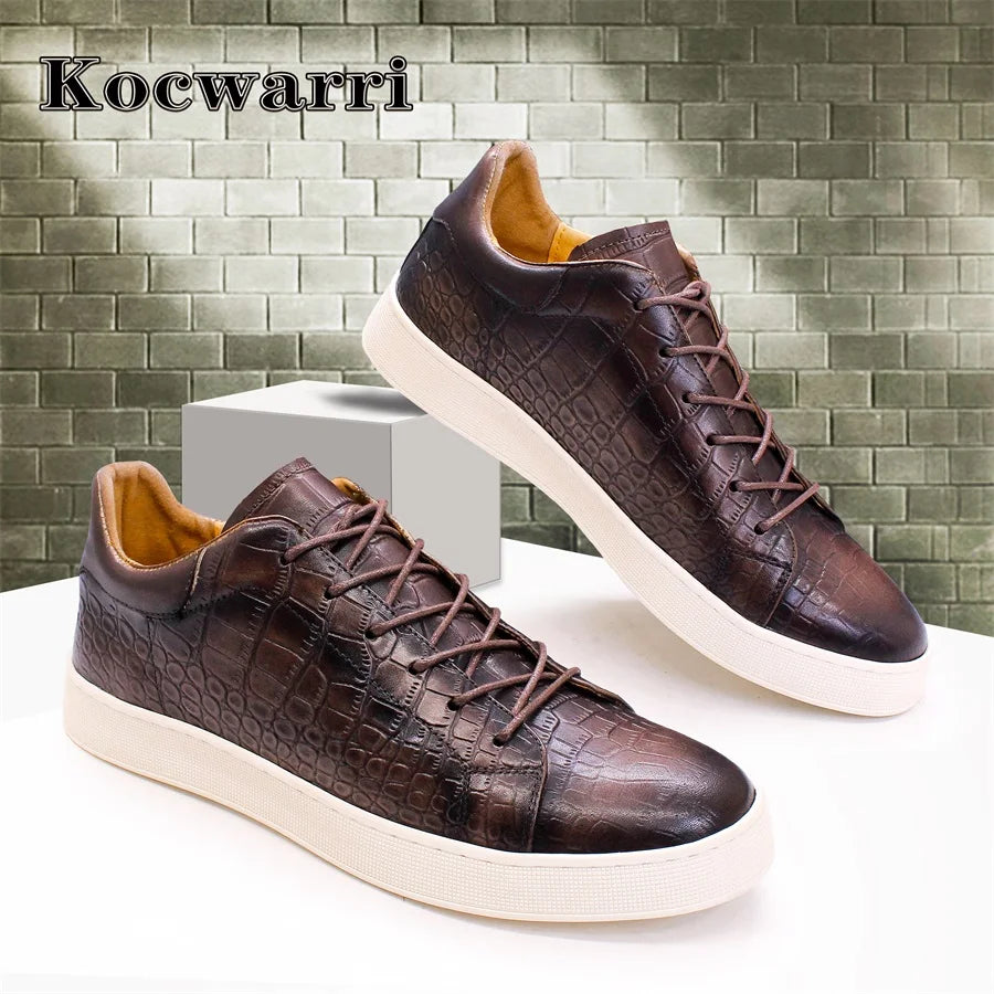 Men's Leather Shoes Casual Comfort Flat Shoes Lace Up Fish Pattern Handmade Shoes Dating Office Fashion Banquet Men's Shoes