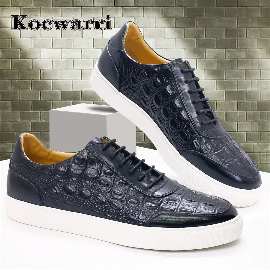 Men's Fashion Casual Leather Shoes Handmade Genuine Leather Crocodile Pattern Lace Up Non-slip Flats Dating Party Dress Shoes