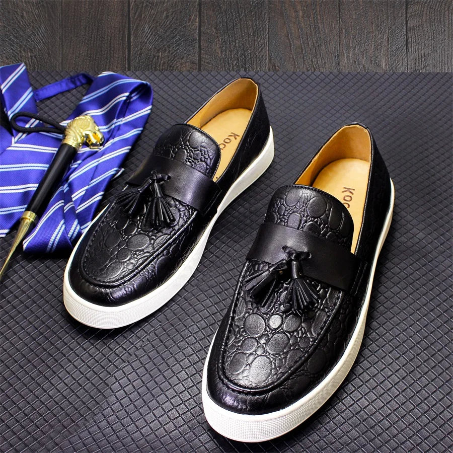 Men's Snake Pattern Casual Leather Shoes Comfortable Flat Tassel Non-slip Handmade Flat Shoes Office Meeting Wedding Men's Shoes