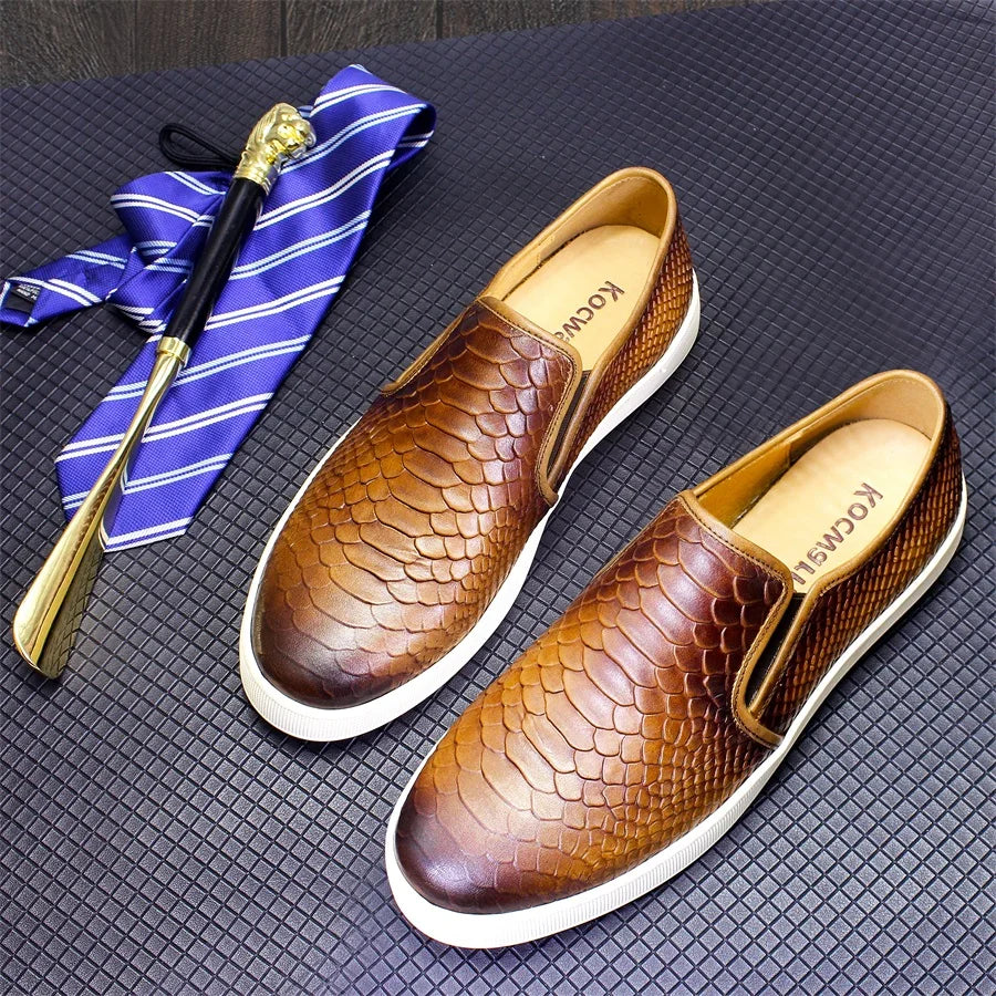 High-end Leather Men's Shoes Comfortable Flat Casual Shoes Fish Snake Pattern Slip-on Handmade Shoes Office Banquet Men's Shoes