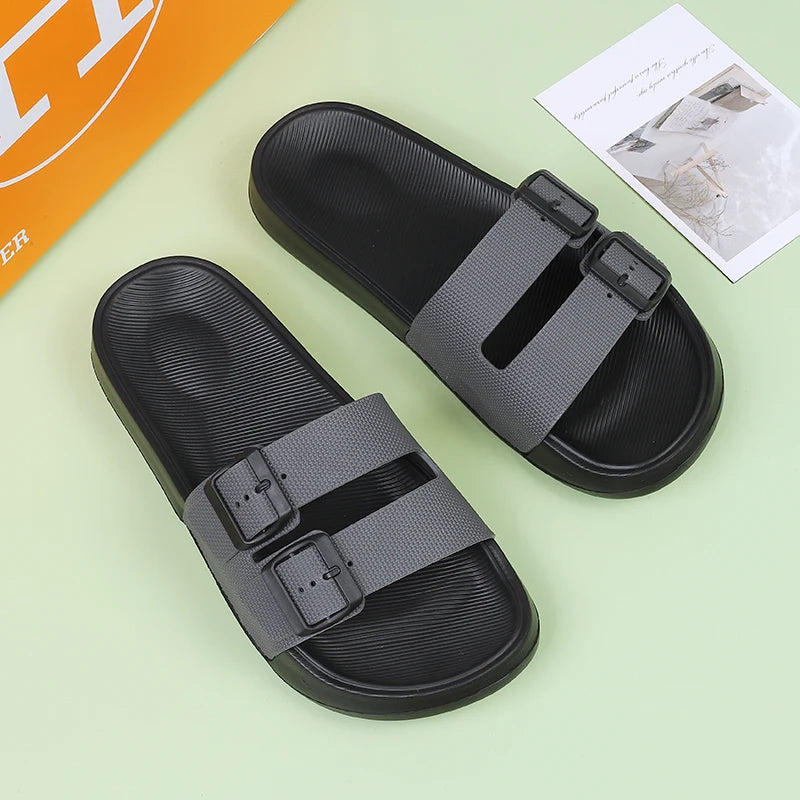 Leather Suede Sole Men Cork Slippers Summer Casual Double Buckle Non-slip Clogs Slides Women Slip on Flip Flop Men Shoes Unisex