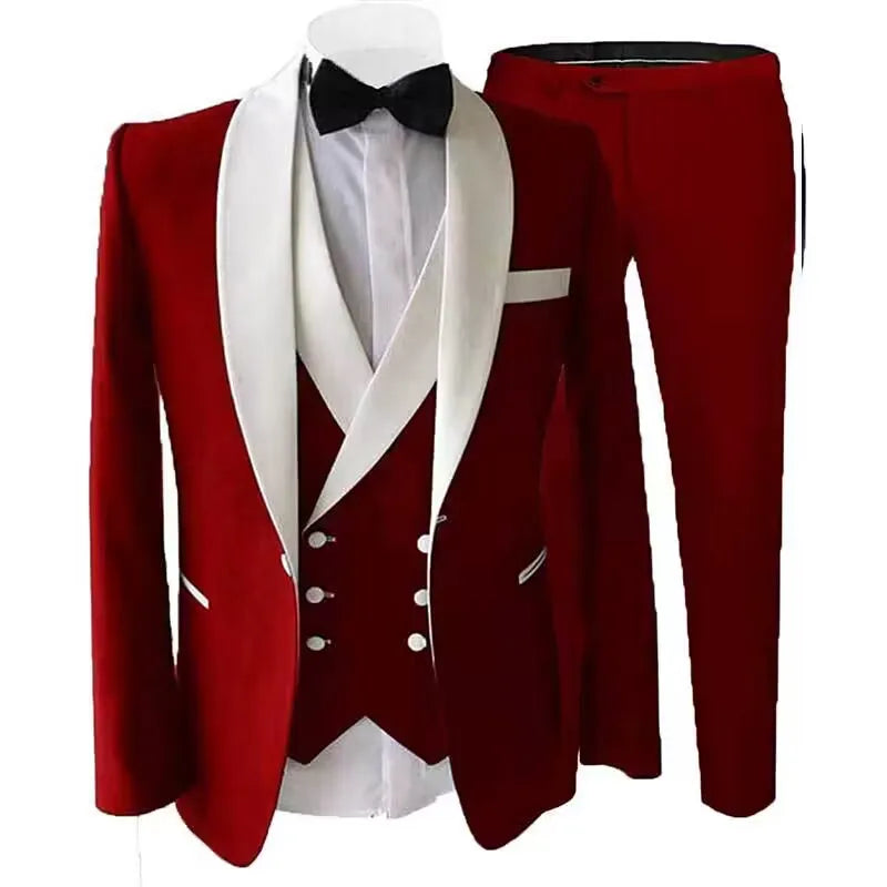 Solid Men's 3 Pieces Suit Formal Business White Shawl Lapel Slim Fit Groom Tuxedo Best Man Blazer For Wedding(Jacket+Vest+Pants)