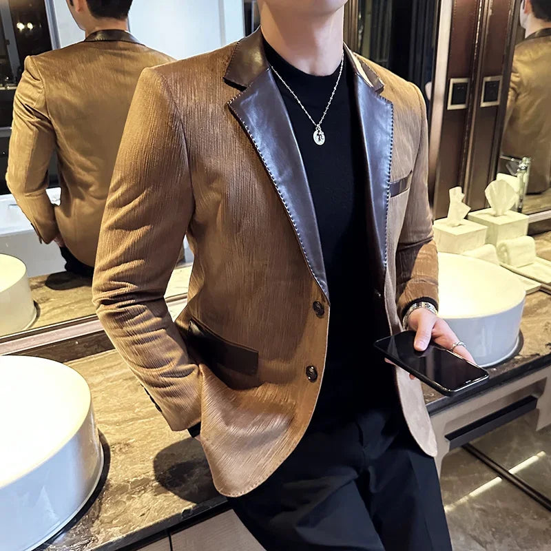 Leather Suit Jacket Men's Autumn New Business Casual Tuxedo Fashion Slim Fit Ruffian Handsome Suit Blazers Top Brand Clothing