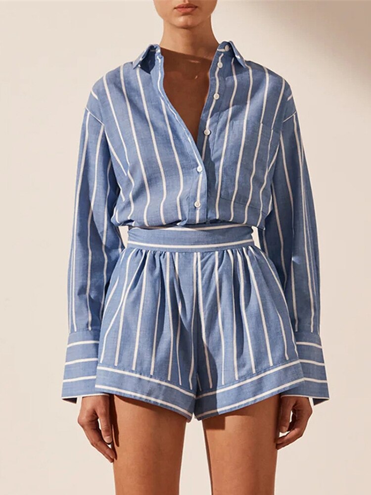 Cotton Striped Blue Shirts Shorts 2 Piece Sets Women Outfit Casual Long Sleeve Button Blouse Zipper Shorts Sets Suit Fashion