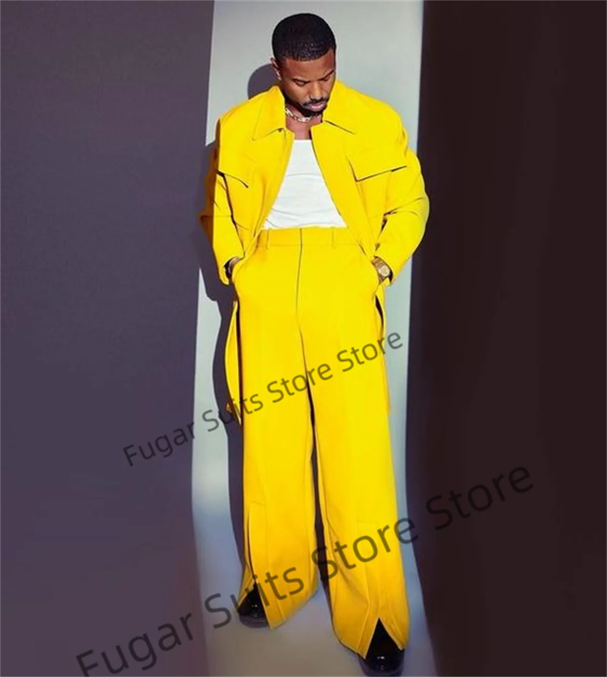 New Fashion Casual Yellow Elegant Men Suits Loose Fit Groom Tuxedos Formal Prom Party 2 Pieces(Jacket+Pants) Trajes De Hombre