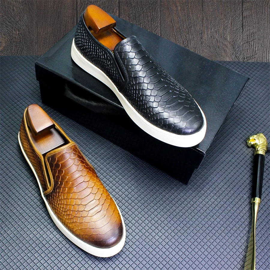 High-end Leather Men's Shoes Comfortable Flat Casual Shoes Fish Snake Pattern Slip-on Handmade Shoes Office Banquet Men's Shoes