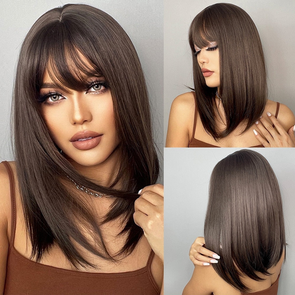 Short Straight Bob Wigs with Bangs Golden Brown Natural Synthetic Hair for Women Daily Cosplay Heat Resistant Fiber