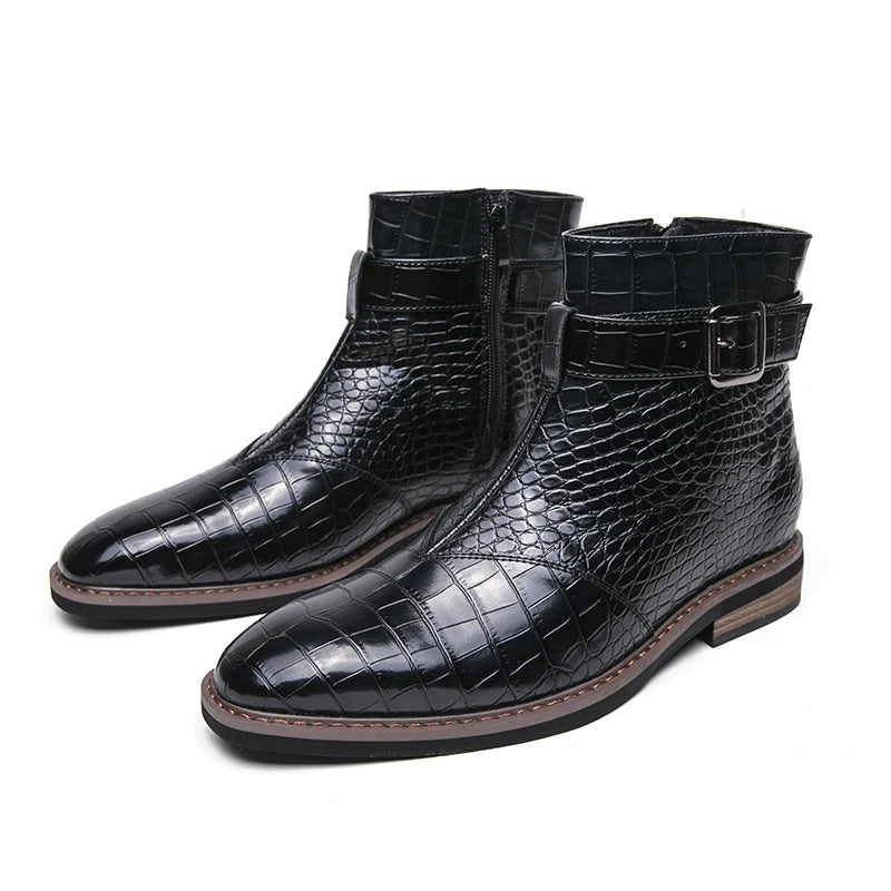 Luxury Dress Leather Men Boots Crocodile Pattern Pointed Toes Casual Leather Boots Men Fashion High Top Boots Party Mes Shoes