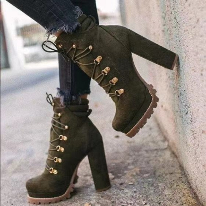 Women's Ankle Boots and High Heels Platform Women's Lace Up Women's Shoe Buckle Women's Short Boots New Plus Size 35-43