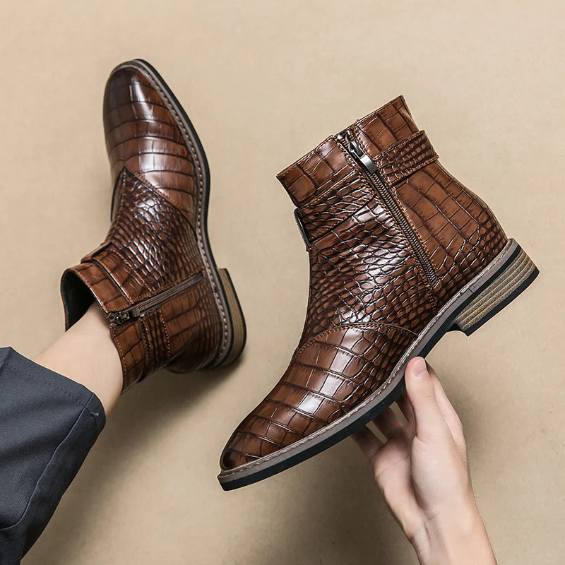 Luxury Dress Leather Men Boots Crocodile Pattern Pointed Toes Casual Leather Boots Men Fashion High Top Boots Party Mes Shoes