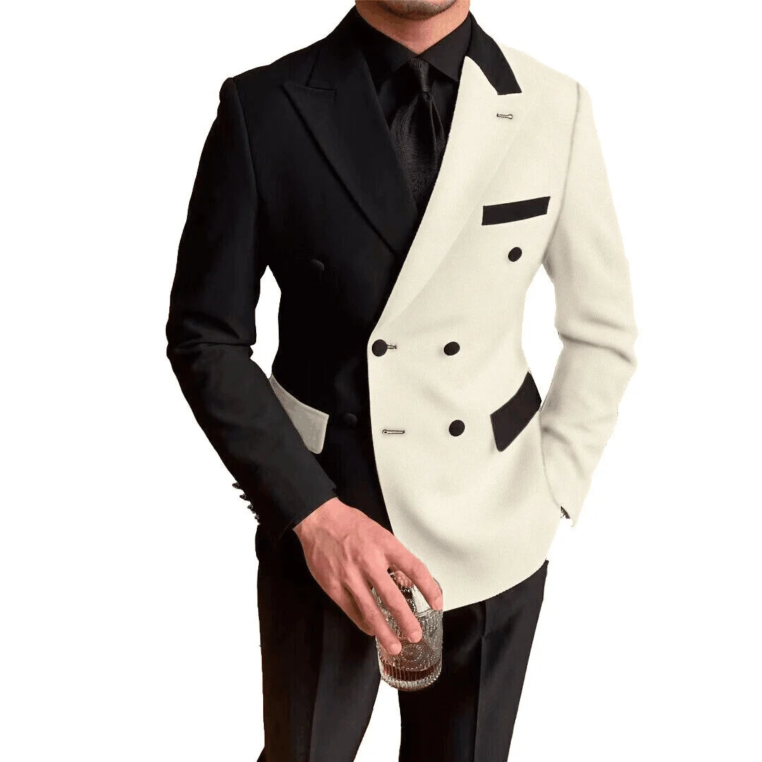 Elegant Black White Men Suits Slim Fit Peak Lapel Double Breasted 2 Pieces Formal Wedding Tuxedos Blazer+Pants Costume Homme