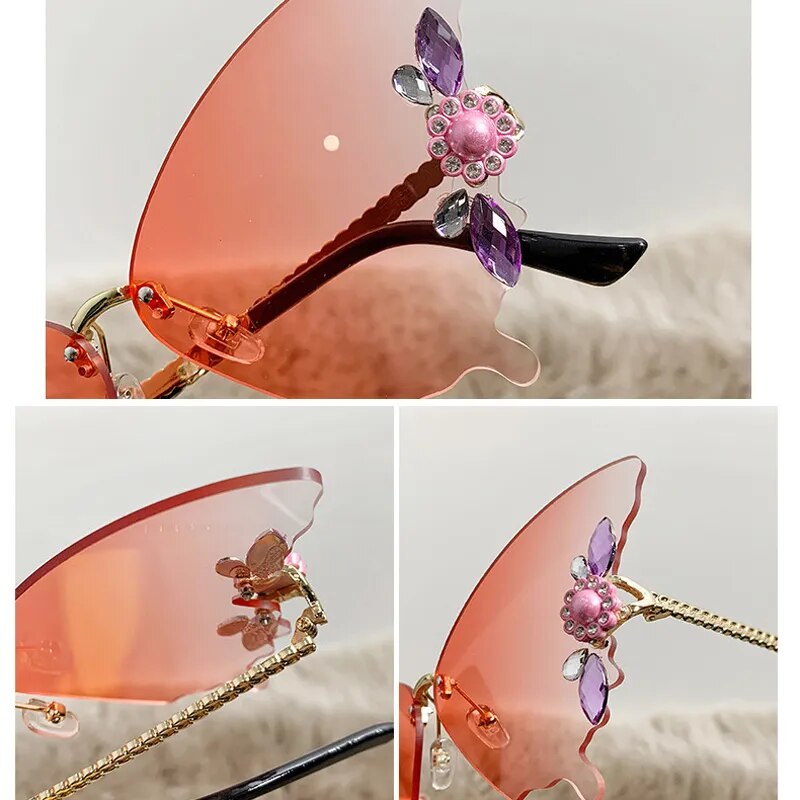 Fashion Luxury Butterfly Shape With Diamond Encrusted Pearls Sunglasses Women Rimless Sun Glasses UV400 Gradient Color Goggles