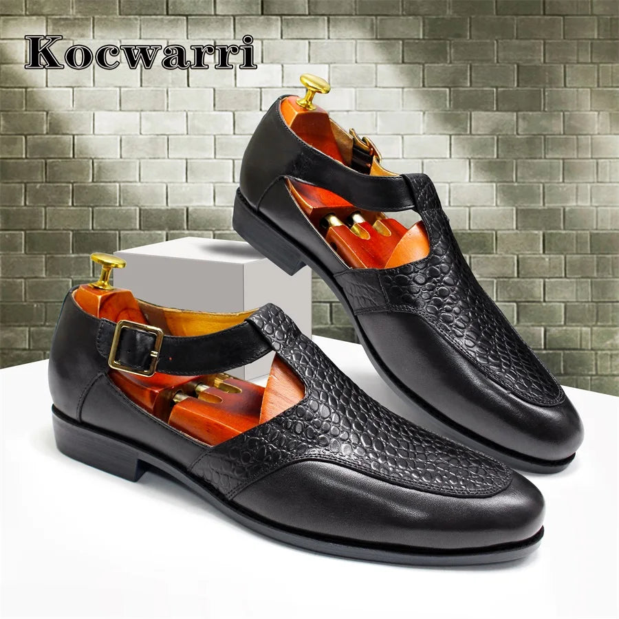 Comfortable Men  Leather Sandals Snake Print Pointed Dress Shoes Casual Buckle Handmade Leather Sandals Home Men's Leather Shoes