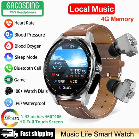 Luxury 2 in 1 Smart Watch 4G Memory Local Music Bluetooth Call HIFI Sound Quality AMOLED 466*466 Smart Watch For Men Women 2024