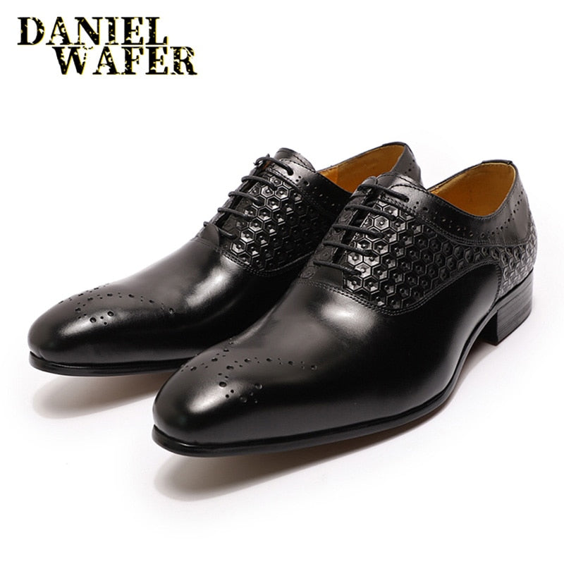 Luxury Brand Formal Men Oxford Brogue Shoes Mens Fashion Formal Pointed Toe Lace Up Office Wedding Genuine Leather Shoes for Men