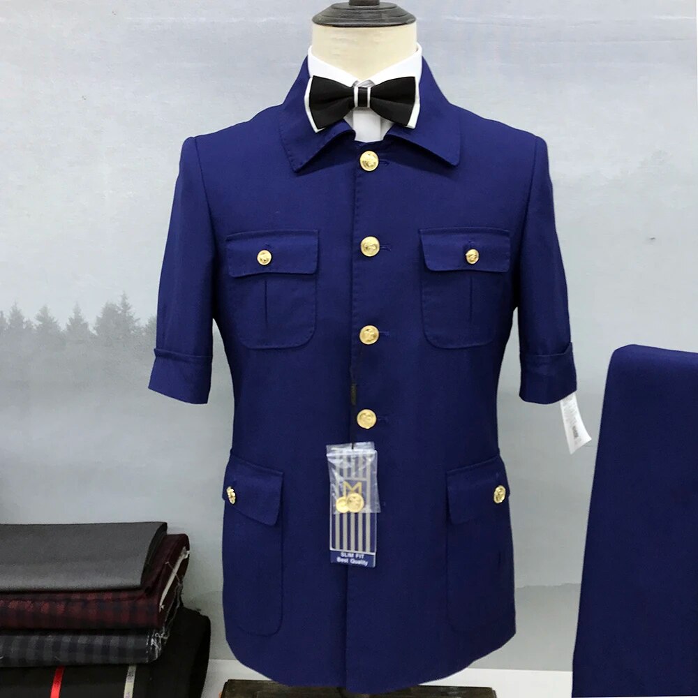 Summer Blazer Men's Suit Short Sleeve Gold Button Single Breasted Stand Lapel Navy Blue Jacket Pants Fashion Coat Slim Fit 2023