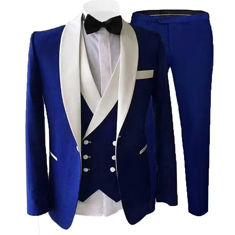 Solid Men's 3 Pieces Suit Formal Business White Shawl Lapel Slim Fit Groom Tuxedo Best Man Blazer For Wedding(Jacket+Vest+Pants)