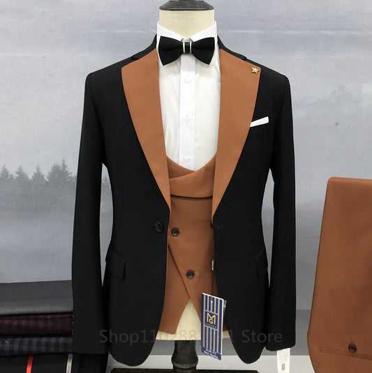 2023 New Men's Set Black Suit Orange Edge Standing Collar Business Formal Luxury Wedding Three Piece Set (Jacket+Pants+Vest)