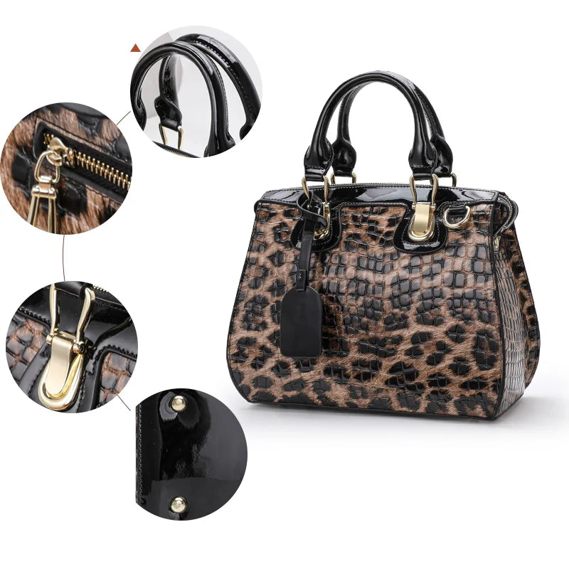 2023 New Women's Pure Cowhide Bag Portable Shoulder Shoulder Three Purpose Hard Bag Leopard Print Women's Bag