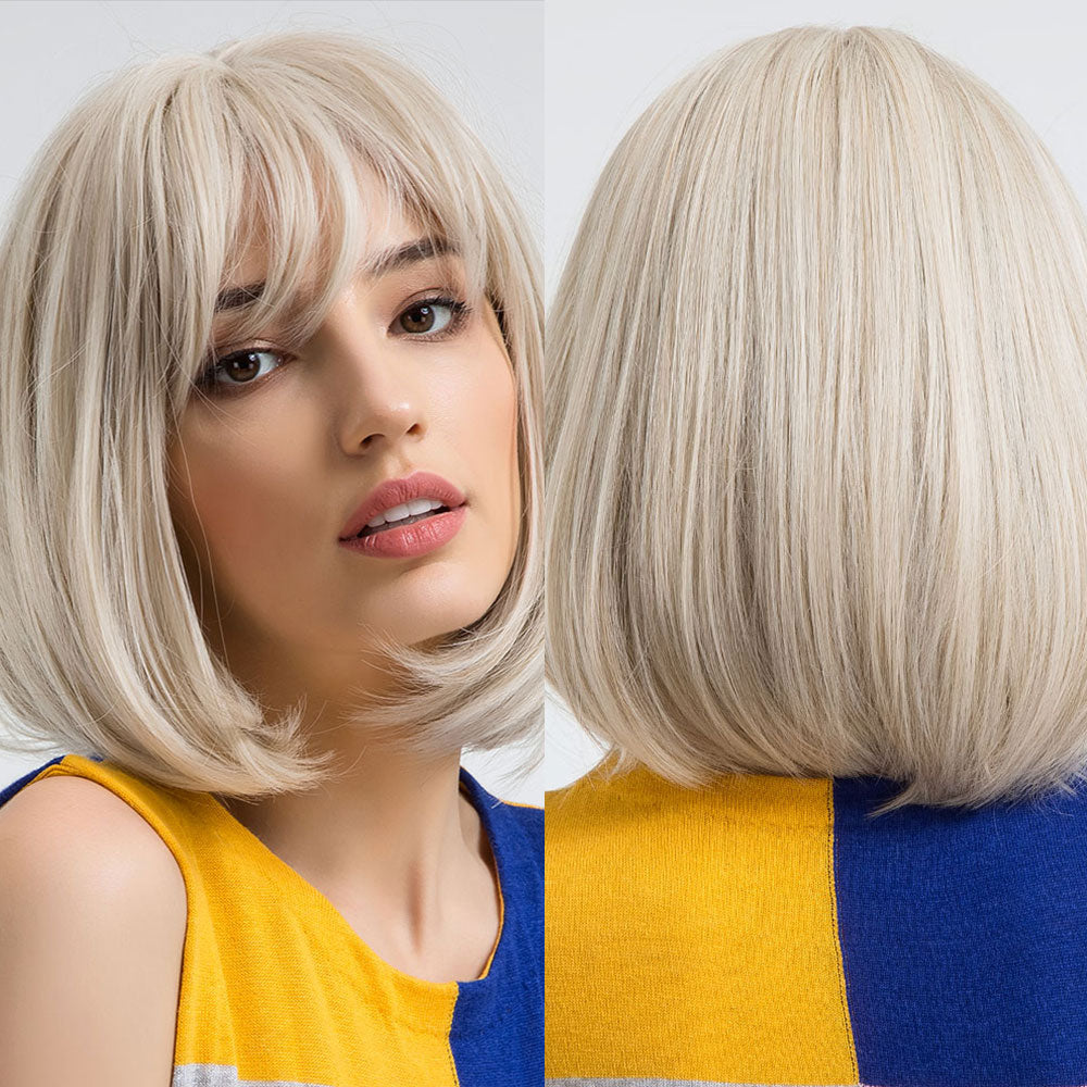 Short Straight Bob Wigs with Bangs Golden Brown Natural Synthetic Hair for Women Daily Cosplay Heat Resistant Fiber