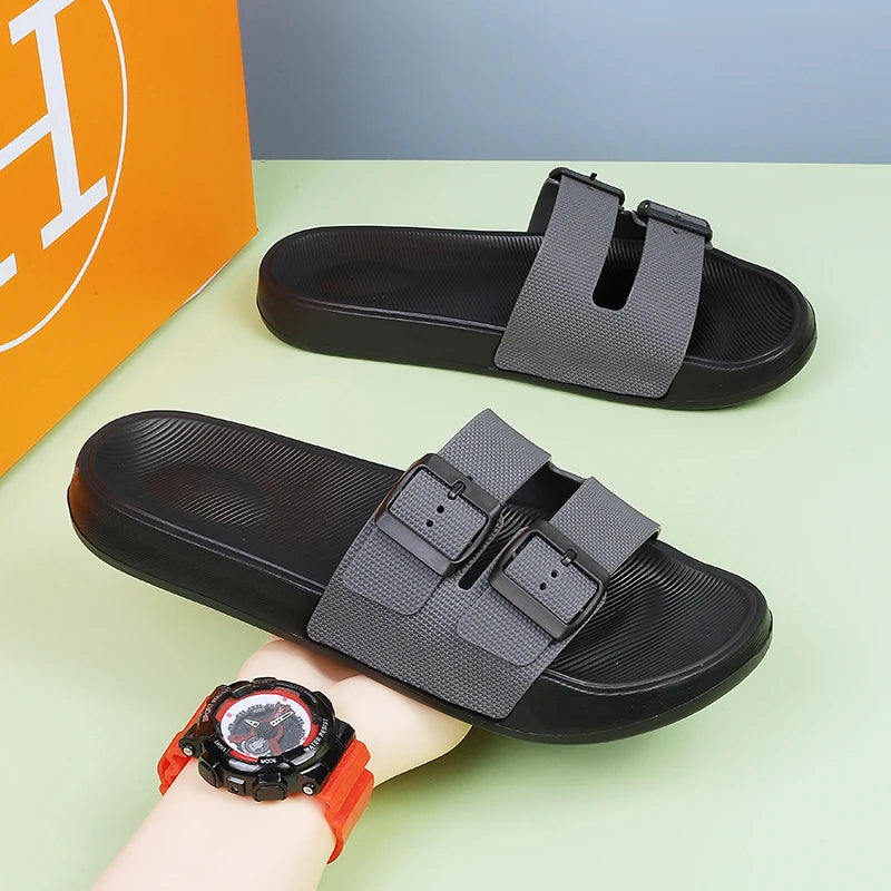 Leather Suede Sole Men Cork Slippers Summer Casual Double Buckle Non-slip Clogs Slides Women Slip on Flip Flop Men Shoes Unisex