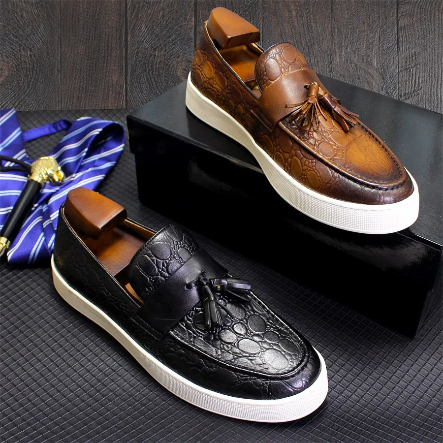 Men's Snake Pattern Casual Leather Shoes Comfortable Flat Tassel Non-slip Handmade Flat Shoes Office Meeting Wedding Men's Shoes